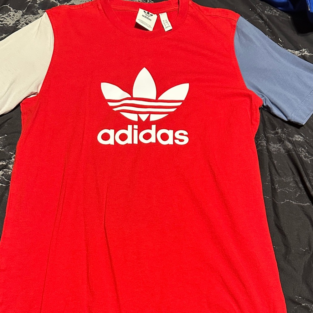 Adidas Red T-Shirt with Multicolor Sleeves